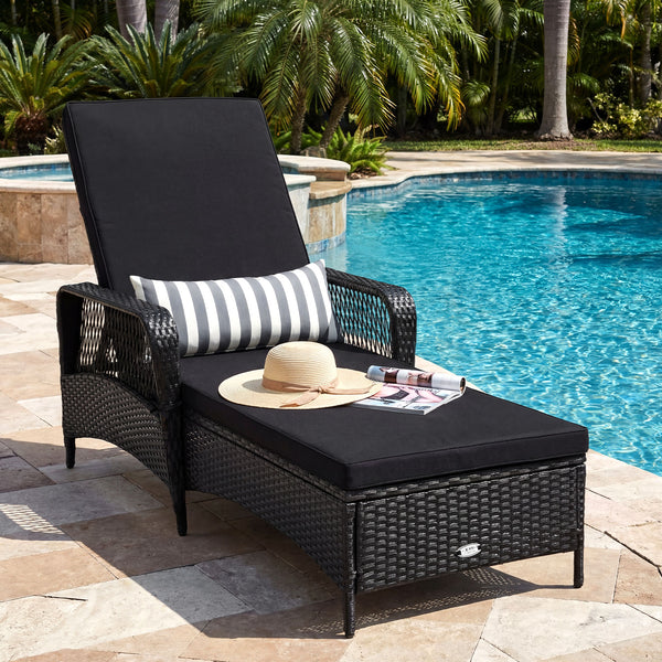 6-Gear adjustable backrest meets various sitting needs<br>Thick padded cushion and lumbar pillow for a comfortable experience<br>Weather-resistant PE wicker rattan chairs for indoor and outdoor use<br>Non-slip and anti-scratch foot pads ensure safe using 