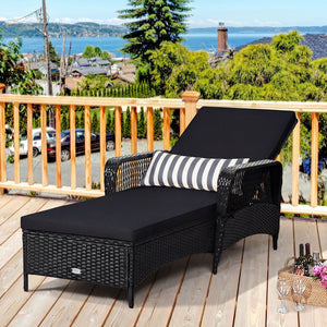 6-Gear adjustable backrest meets various sitting needs<br>Thick padded cushion and lumbar pillow for a comfortable experience<br>Weather-resistant PE wicker rattan chairs for indoor and outdoor use<br>Non-slip and anti-scratch foot pads ensure safe using 