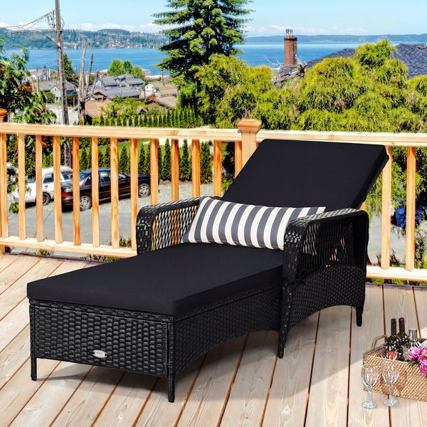6-Gear adjustable backrest meets various sitting needs<br>Thick padded cushion and lumbar pillow for a comfortable experience<br>Weather-resistant PE wicker rattan chairs for indoor and outdoor use<br>Non-slip and anti-scratch foot pads ensure safe using 