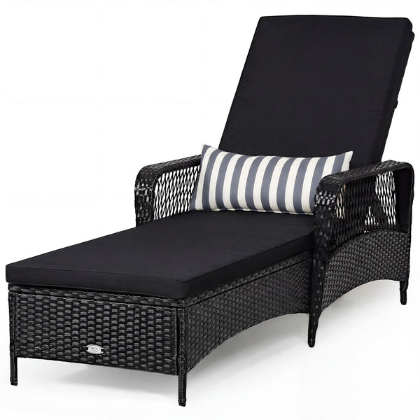 6-Gear adjustable backrest meets various sitting needs<br>Thick padded cushion and lumbar pillow for a comfortable experience<br>Weather-resistant PE wicker rattan chairs for indoor and outdoor use<br>Non-slip and anti-scratch foot pads ensure safe using 