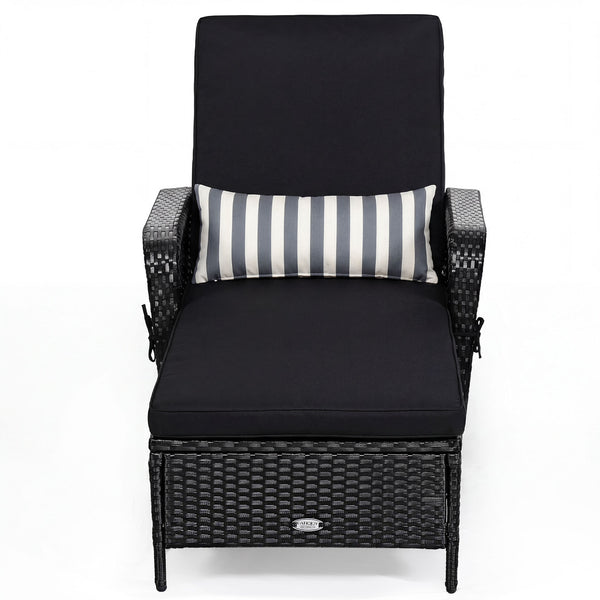 6-Gear adjustable backrest meets various sitting needs<br>Thick padded cushion and lumbar pillow for a comfortable experience<br>Weather-resistant PE wicker rattan chairs for indoor and outdoor use<br>Non-slip and anti-scratch foot pads ensure safe using 