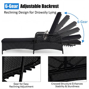 6-Gear adjustable backrest meets various sitting needs<br>Thick padded cushion and lumbar pillow for a comfortable experience<br>Weather-resistant PE wicker rattan chairs for indoor and outdoor use<br>Non-slip and anti-scratch foot pads ensure safe using 