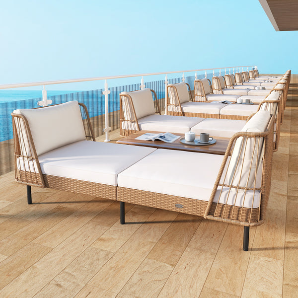 Dual functions allow you to stretch out or sit together<br>Spacious 72" width fits 2 people comfortably<br>Handwoven PE rattan offers breathable  sun-resistant durability<br>Soft cushions filled with resilient sponge for cloud-like comfort<br>Seat cushion