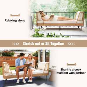 Dual functions allow you to stretch out or sit together<br>Spacious 72" width fits 2 people comfortably<br>Handwoven PE rattan offers breathable  sun-resistant durability<br>Soft cushions filled with resilient sponge for cloud-like comfort<br>Seat cushion