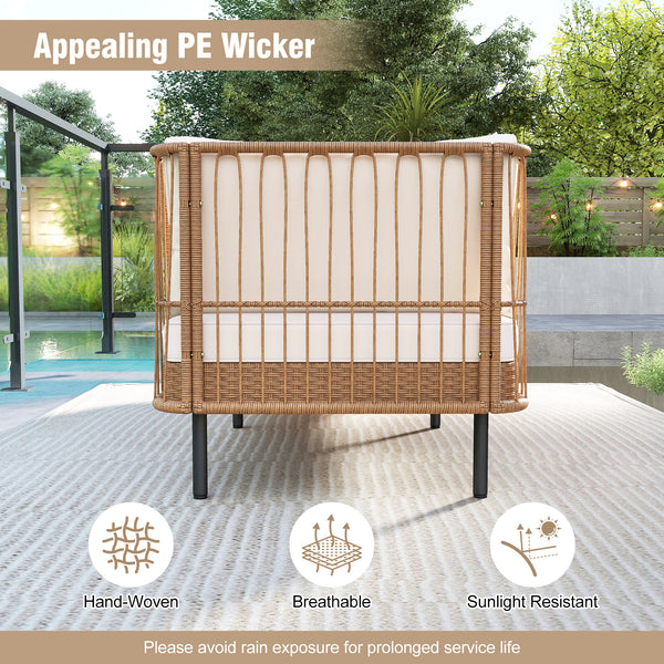 Dual functions allow you to stretch out or sit together<br>Spacious 72" width fits 2 people comfortably<br>Handwoven PE rattan offers breathable  sun-resistant durability<br>Soft cushions filled with resilient sponge for cloud-like comfort<br>Seat cushion