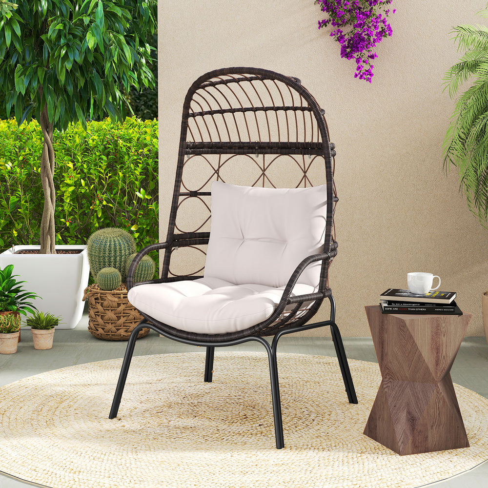 Well-woven PE rattan for long-lasting elegance<br>Ergonomic and large seat makes you more relaxed<br>Soft and elastic seat and back cushions bring more coziness<br>Heavy-duty metal frame offers strong support up to 400 lbs<br>Adjustable foot pads and firm