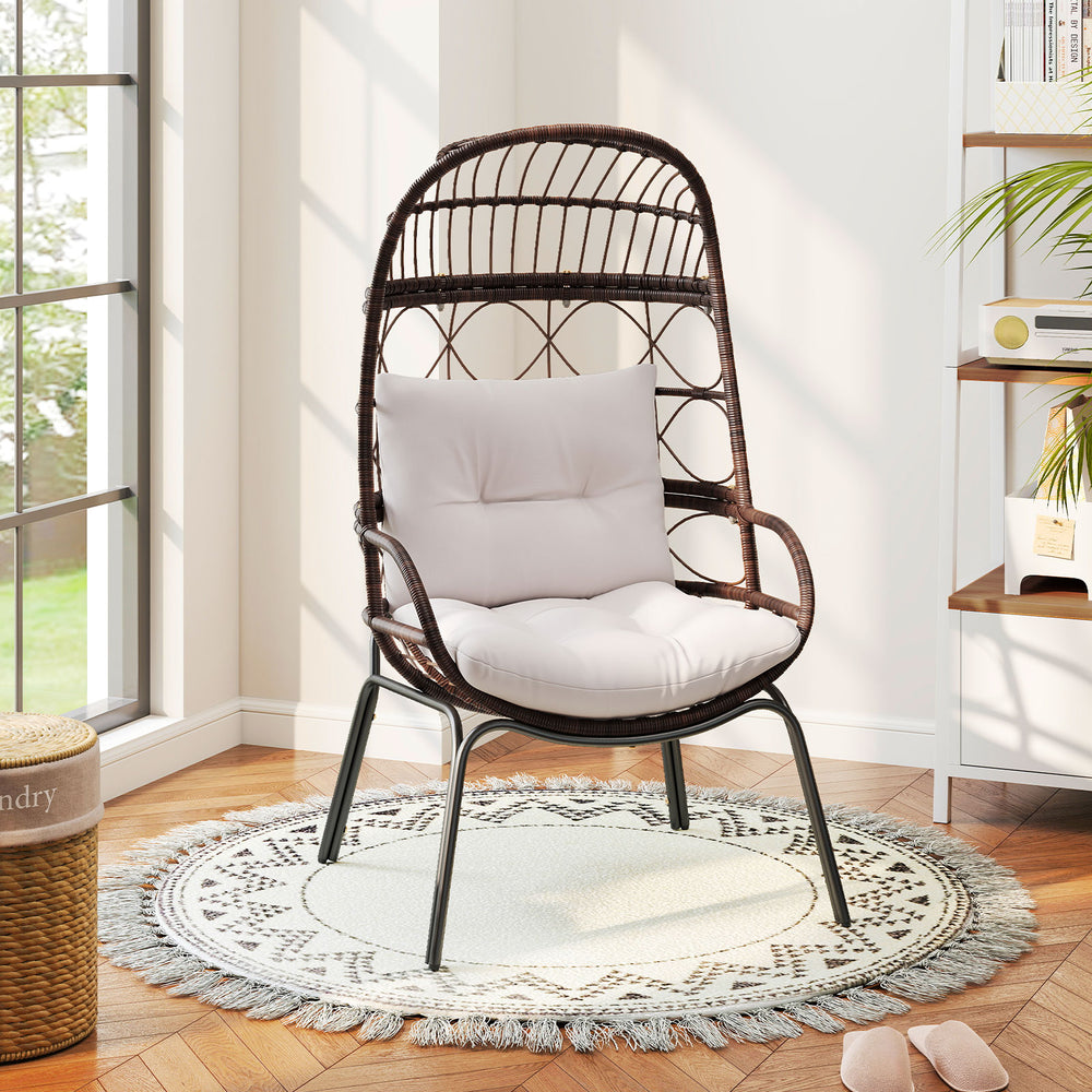 Well-woven PE rattan for long-lasting elegance<br>Ergonomic and large seat makes you more relaxed<br>Soft and elastic seat and back cushions bring more coziness<br>Heavy-duty metal frame offers strong support up to 400 lbs<br>Adjustable foot pads and firm