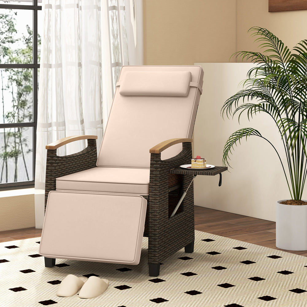 Please avoid rain exposure for prolonged service life<br>A protective cover is recommended but not included<br>150Â° adjustment of backrest and footrest meet different demands<br>Stable linkage device ensures safe adjustment<br>PE rattan surface for long-