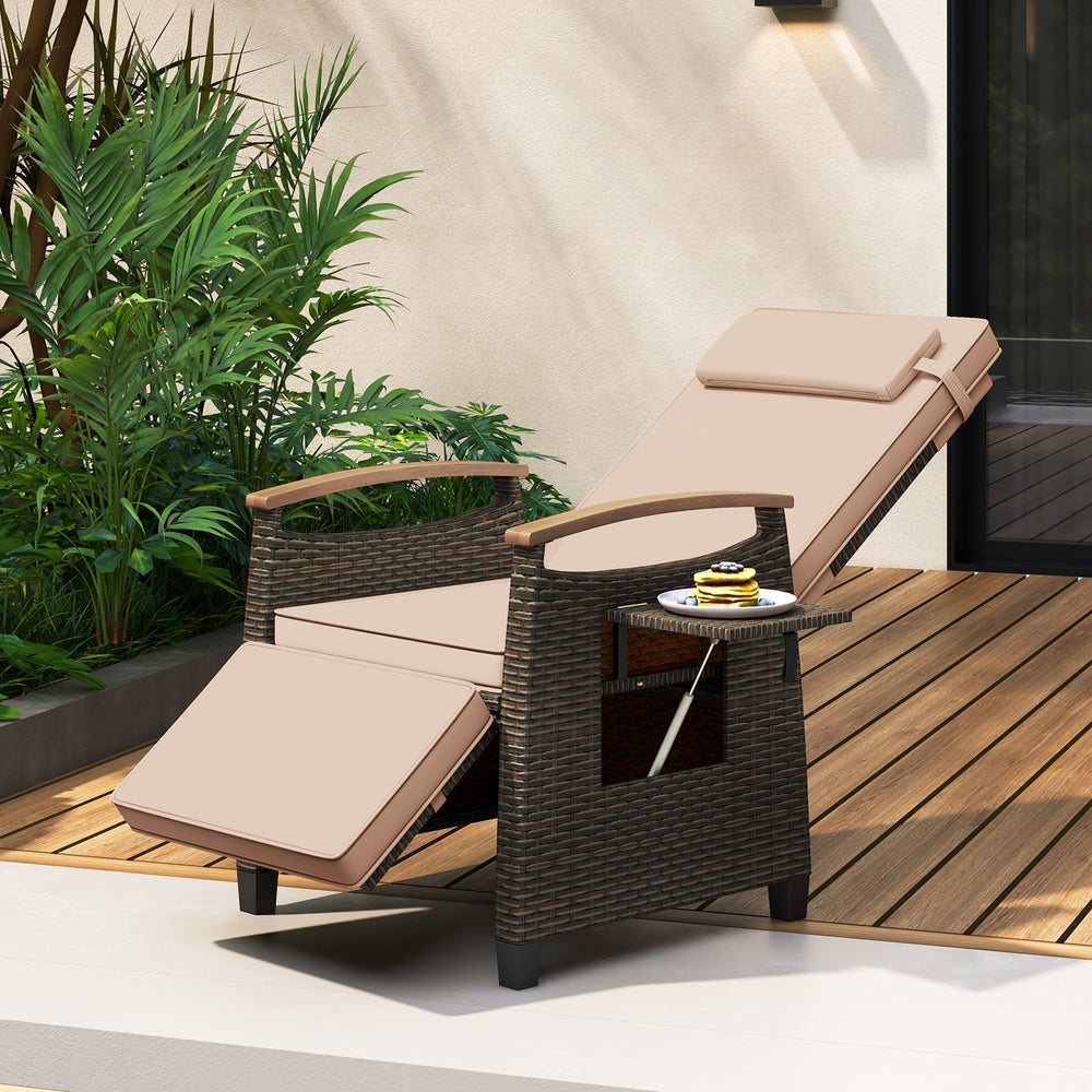 Please avoid rain exposure for prolonged service life<br>A protective cover is recommended but not included<br>150Â° adjustment of backrest and footrest meet different demands<br>Stable linkage device ensures safe adjustment<br>PE rattan surface for long-