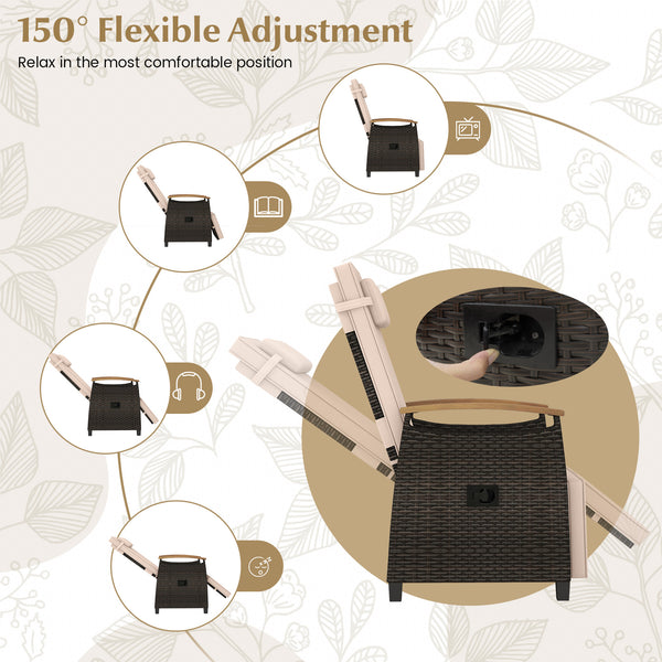 Please avoid rain exposure for prolonged service life<br>A protective cover is recommended but not included<br>150Â° adjustment of backrest and footrest meet different demands<br>Stable linkage device ensures safe adjustment<br>PE rattan surface for long-