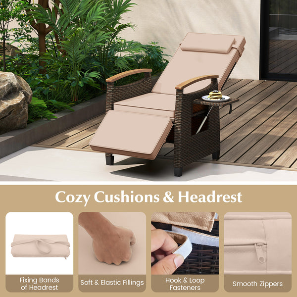 Please avoid rain exposure for prolonged service life<br>A protective cover is recommended but not included<br>150Â° adjustment of backrest and footrest meet different demands<br>Stable linkage device ensures safe adjustment<br>PE rattan surface for long-