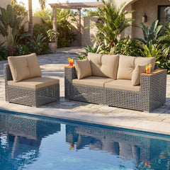 Modular patio wicker sectional set allows flexible seating arrangements<br>Converts easily between 3-seat sofa and loveseat layout<br>Secure sofa clips keep sectional pieces firmly connected<br>Handwoven PE rattan offers breathable and sun-resistant durab