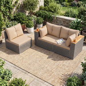 Modular patio wicker sectional set allows flexible seating arrangements<br>Converts easily between 3-seat sofa and loveseat layout<br>Secure sofa clips keep sectional pieces firmly connected<br>Handwoven PE rattan offers breathable and sun-resistant durab