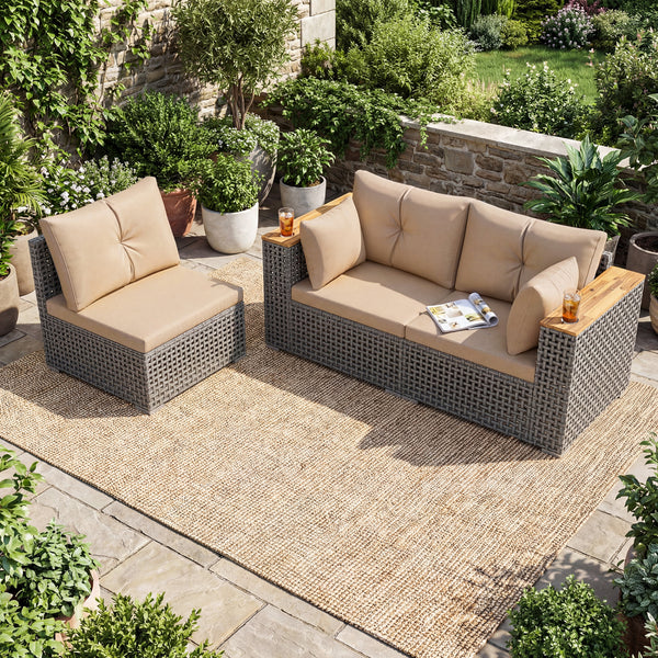 Modular patio wicker sectional set allows flexible seating arrangements<br>Converts easily between 3-seat sofa and loveseat layout<br>Secure sofa clips keep sectional pieces firmly connected<br>Handwoven PE rattan offers breathable and sun-resistant durab