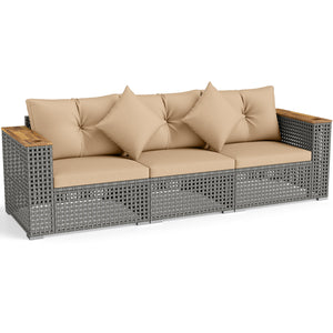 Modular patio wicker sectional set allows flexible seating arrangements<br>Converts easily between 3-seat sofa and loveseat layout<br>Secure sofa clips keep sectional pieces firmly connected<br>Handwoven PE rattan offers breathable and sun-resistant durab