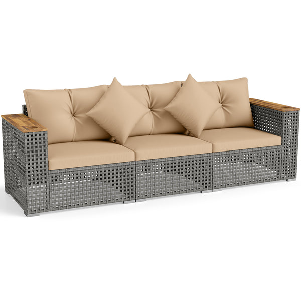 Modular patio wicker sectional set allows flexible seating arrangements<br>Converts easily between 3-seat sofa and loveseat layout<br>Secure sofa clips keep sectional pieces firmly connected<br>Handwoven PE rattan offers breathable and sun-resistant durab
