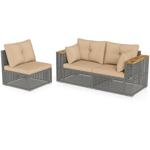 Modular patio wicker sectional set allows flexible seating arrangements<br>Converts easily between 3-seat sofa and loveseat layout<br>Secure sofa clips keep sectional pieces firmly connected<br>Handwoven PE rattan offers breathable and sun-resistant durab