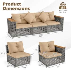 Modular patio wicker sectional set allows flexible seating arrangements<br>Converts easily between 3-seat sofa and loveseat layout<br>Secure sofa clips keep sectional pieces firmly connected<br>Handwoven PE rattan offers breathable and sun-resistant durab