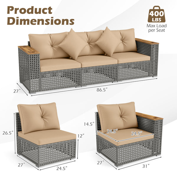 Modular patio wicker sectional set allows flexible seating arrangements<br>Converts easily between 3-seat sofa and loveseat layout<br>Secure sofa clips keep sectional pieces firmly connected<br>Handwoven PE rattan offers breathable and sun-resistant durab