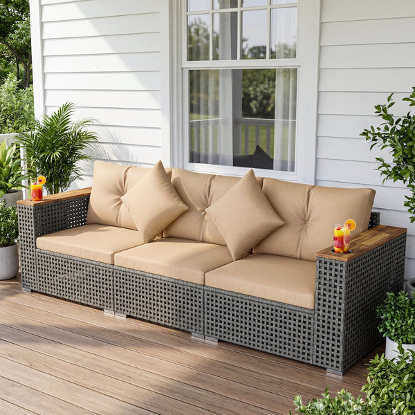 Modular patio wicker sectional set allows flexible seating arrangements<br>Converts easily between 3-seat sofa and loveseat layout<br>Secure sofa clips keep sectional pieces firmly connected<br>Handwoven PE rattan offers breathable and sun-resistant durab