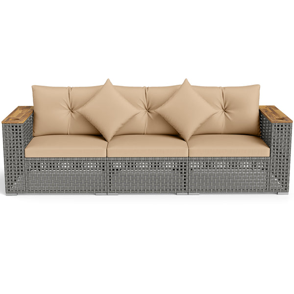 Modular patio wicker sectional set allows flexible seating arrangements<br>Converts easily between 3-seat sofa and loveseat layout<br>Secure sofa clips keep sectional pieces firmly connected<br>Handwoven PE rattan offers breathable and sun-resistant durab