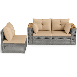 Modular patio wicker sectional set allows flexible seating arrangements<br>Converts easily between 3-seat sofa and loveseat layout<br>Secure sofa clips keep sectional pieces firmly connected<br>Handwoven PE rattan offers breathable and sun-resistant durab