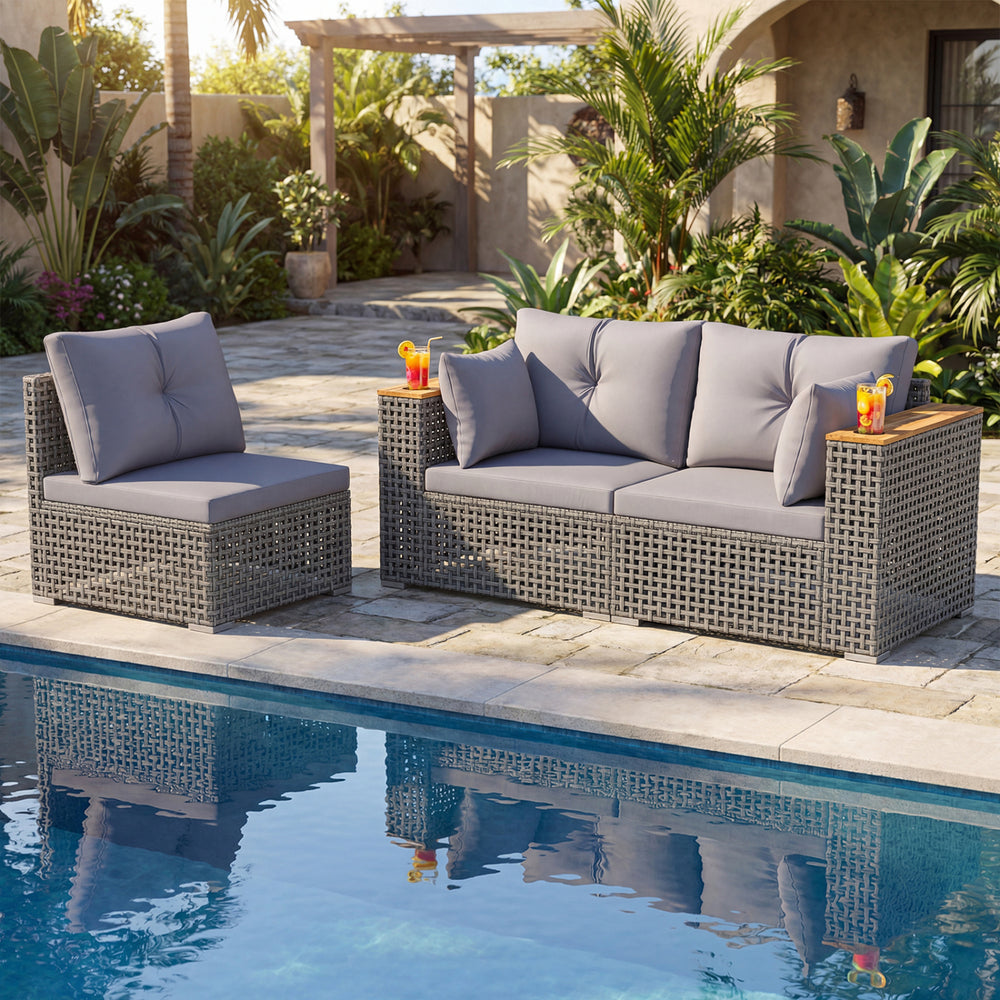 Modular patio wicker sectional set allows flexible seating arrangements<br>Converts easily between 3-seat sofa and loveseat layout<br>Secure sofa clips keep sectional pieces firmly connected<br>Handwoven PE rattan offers breathable and sun-resistant durab