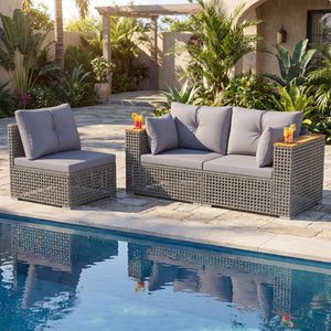 Modular patio wicker sectional set allows flexible seating arrangements<br>Converts easily between 3-seat sofa and loveseat layout<br>Secure sofa clips keep sectional pieces firmly connected<br>Handwoven PE rattan offers breathable and sun-resistant durab
