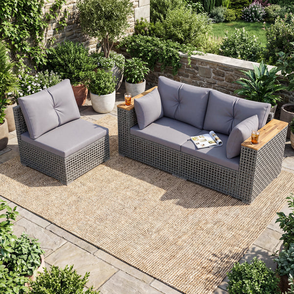 Modular patio wicker sectional set allows flexible seating arrangements<br>Converts easily between 3-seat sofa and loveseat layout<br>Secure sofa clips keep sectional pieces firmly connected<br>Handwoven PE rattan offers breathable and sun-resistant durab