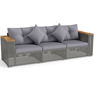 Modular patio wicker sectional set allows flexible seating arrangements<br>Converts easily between 3-seat sofa and loveseat layout<br>Secure sofa clips keep sectional pieces firmly connected<br>Handwoven PE rattan offers breathable and sun-resistant durab