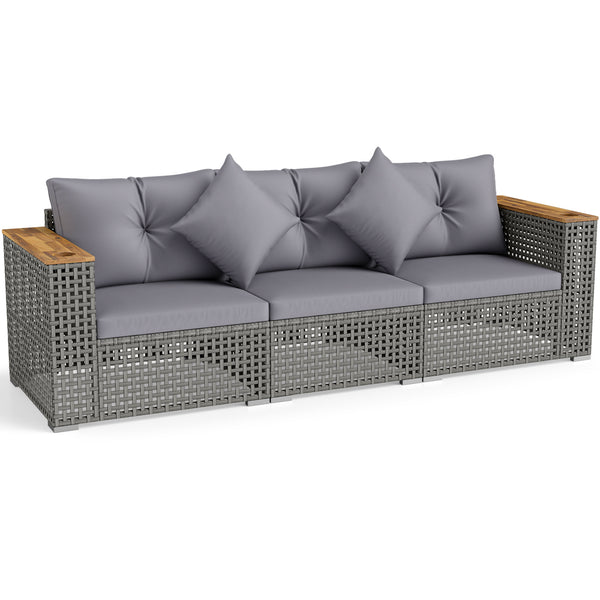 Modular patio wicker sectional set allows flexible seating arrangements<br>Converts easily between 3-seat sofa and loveseat layout<br>Secure sofa clips keep sectional pieces firmly connected<br>Handwoven PE rattan offers breathable and sun-resistant durab