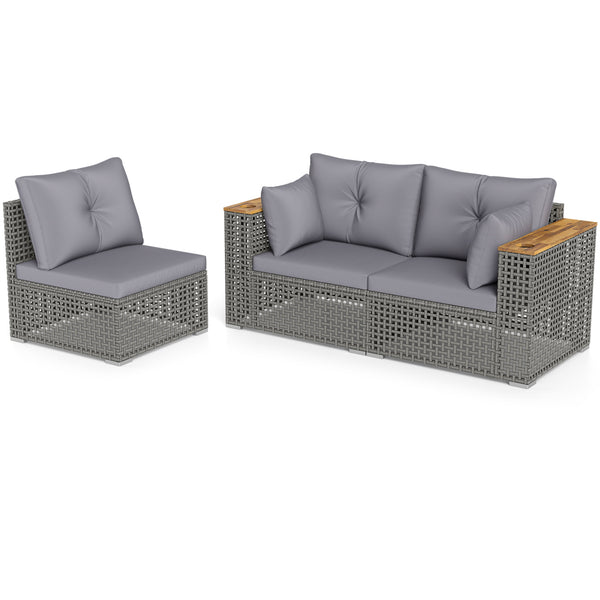 Modular patio wicker sectional set allows flexible seating arrangements<br>Converts easily between 3-seat sofa and loveseat layout<br>Secure sofa clips keep sectional pieces firmly connected<br>Handwoven PE rattan offers breathable and sun-resistant durab