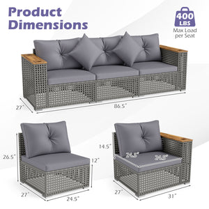 Modular patio wicker sectional set allows flexible seating arrangements<br>Converts easily between 3-seat sofa and loveseat layout<br>Secure sofa clips keep sectional pieces firmly connected<br>Handwoven PE rattan offers breathable and sun-resistant durab