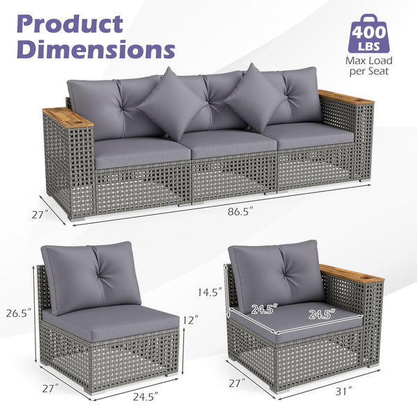 Modular patio wicker sectional set allows flexible seating arrangements<br>Converts easily between 3-seat sofa and loveseat layout<br>Secure sofa clips keep sectional pieces firmly connected<br>Handwoven PE rattan offers breathable and sun-resistant durab