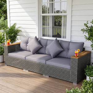 Modular patio wicker sectional set allows flexible seating arrangements<br>Converts easily between 3-seat sofa and loveseat layout<br>Secure sofa clips keep sectional pieces firmly connected<br>Handwoven PE rattan offers breathable and sun-resistant durab