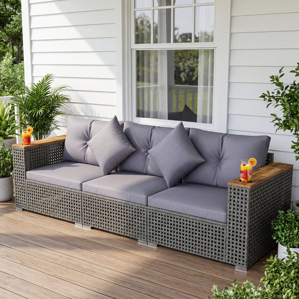 Modular patio wicker sectional set allows flexible seating arrangements<br>Converts easily between 3-seat sofa and loveseat layout<br>Secure sofa clips keep sectional pieces firmly connected<br>Handwoven PE rattan offers breathable and sun-resistant durab