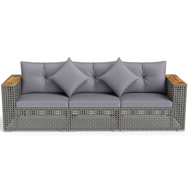 Modular patio wicker sectional set allows flexible seating arrangements<br>Converts easily between 3-seat sofa and loveseat layout<br>Secure sofa clips keep sectional pieces firmly connected<br>Handwoven PE rattan offers breathable and sun-resistant durab