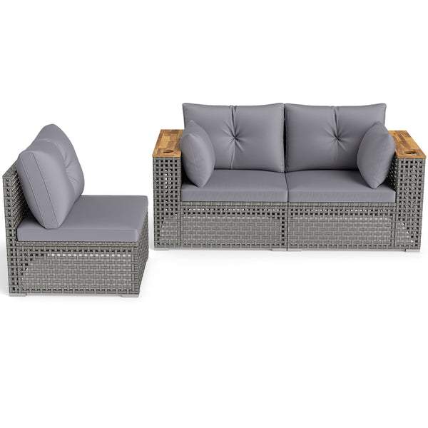 Modular patio wicker sectional set allows flexible seating arrangements<br>Converts easily between 3-seat sofa and loveseat layout<br>Secure sofa clips keep sectional pieces firmly connected<br>Handwoven PE rattan offers breathable and sun-resistant durab