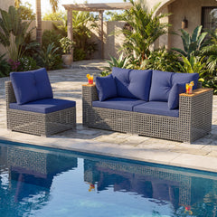 Modular patio wicker sectional set allows flexible seating arrangements<br>Converts easily between 3-seat sofa and loveseat layout<br>Secure sofa clips keep sectional pieces firmly connected<br>Handwoven PE rattan offers breathable and sun-resistant durab