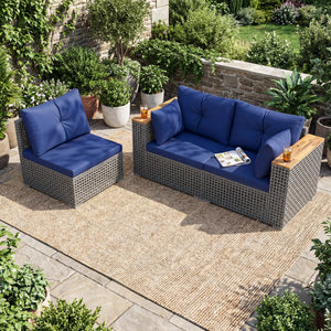 Modular patio wicker sectional set allows flexible seating arrangements<br>Converts easily between 3-seat sofa and loveseat layout<br>Secure sofa clips keep sectional pieces firmly connected<br>Handwoven PE rattan offers breathable and sun-resistant durab