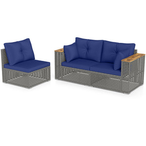 Modular patio wicker sectional set allows flexible seating arrangements<br>Converts easily between 3-seat sofa and loveseat layout<br>Secure sofa clips keep sectional pieces firmly connected<br>Handwoven PE rattan offers breathable and sun-resistant durab