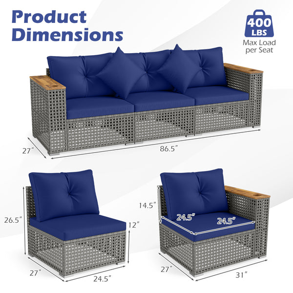 Modular patio wicker sectional set allows flexible seating arrangements<br>Converts easily between 3-seat sofa and loveseat layout<br>Secure sofa clips keep sectional pieces firmly connected<br>Handwoven PE rattan offers breathable and sun-resistant durab