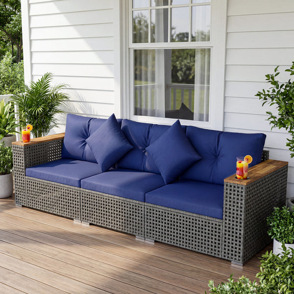 Modular patio wicker sectional set allows flexible seating arrangements<br>Converts easily between 3-seat sofa and loveseat layout<br>Secure sofa clips keep sectional pieces firmly connected<br>Handwoven PE rattan offers breathable and sun-resistant durab