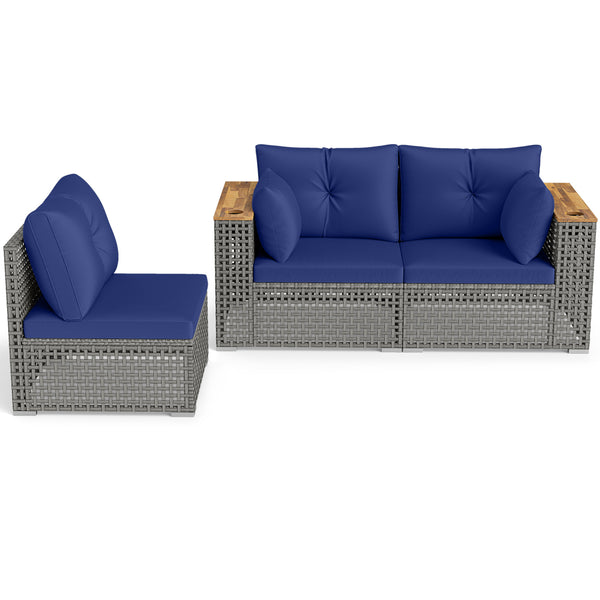 Modular patio wicker sectional set allows flexible seating arrangements<br>Converts easily between 3-seat sofa and loveseat layout<br>Secure sofa clips keep sectional pieces firmly connected<br>Handwoven PE rattan offers breathable and sun-resistant durab