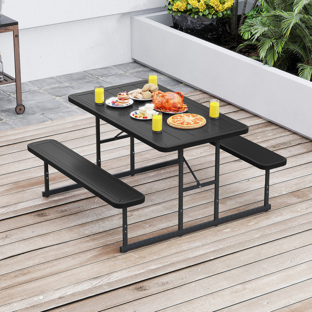 The dining table with 2 benches could accommodate 2-4 people for comfy seating<br>Crafted from HDPE tabletop and bench seats  withstand outdoor elements<br>Adopts waterproof surfaces for easy cleaning  easy to maintain with a damp cloth<br>The high-streng