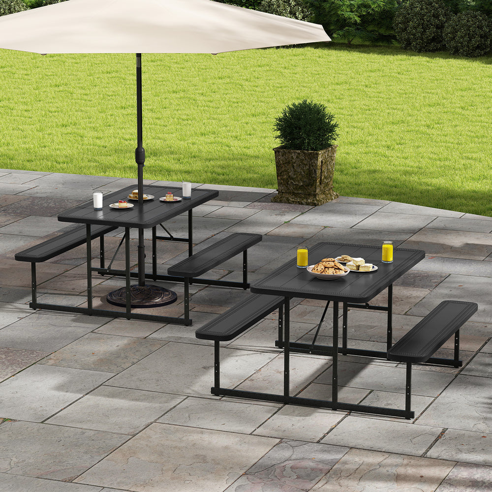 The dining table with 2 benches could accommodate 2-4 people for comfy seating<br>Crafted from HDPE tabletop and bench seats  withstand outdoor elements<br>Adopts waterproof surfaces for easy cleaning  easy to maintain with a damp cloth<br>The high-streng