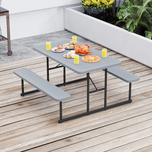The dining table with 2 benches could accommodate 2-4 people for comfy seating<br>Crafted from HDPE tabletop and bench seats  withstand outdoor elements<br>Adopts waterproof surfaces for easy cleaning  easy to maintain with a damp cloth<br>The high-streng