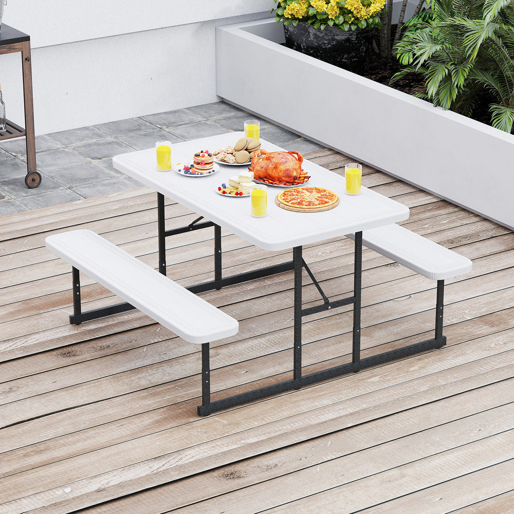 The dining table with 2 benches could accommodate 2-4 people for comfy seating<br>Crafted from HDPE tabletop and bench seats  withstand outdoor elements<br>Adopts waterproof surfaces for easy cleaning  easy to maintain with a damp cloth<br>The high-streng