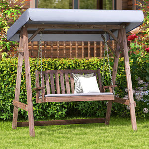Full porch swing set with stand  tilt canopy  and cushion<br>Adjustable canopy shields you from the sun's scorching beams<br>Water-proof canopy crafted from silver-coated polyester<br>Robust A-shaped fir wood frame combines natural beauty with sturdiness<