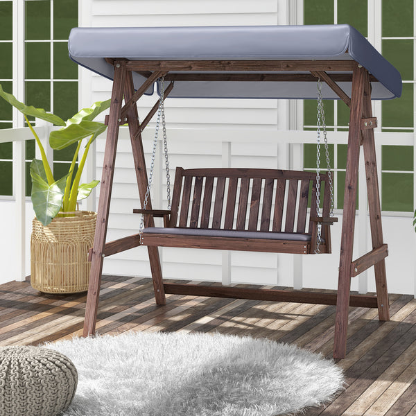 Full porch swing set with stand  tilt canopy  and cushion<br>Adjustable canopy shields you from the sun's scorching beams<br>Water-proof canopy crafted from silver-coated polyester<br>Robust A-shaped fir wood frame combines natural beauty with sturdiness<